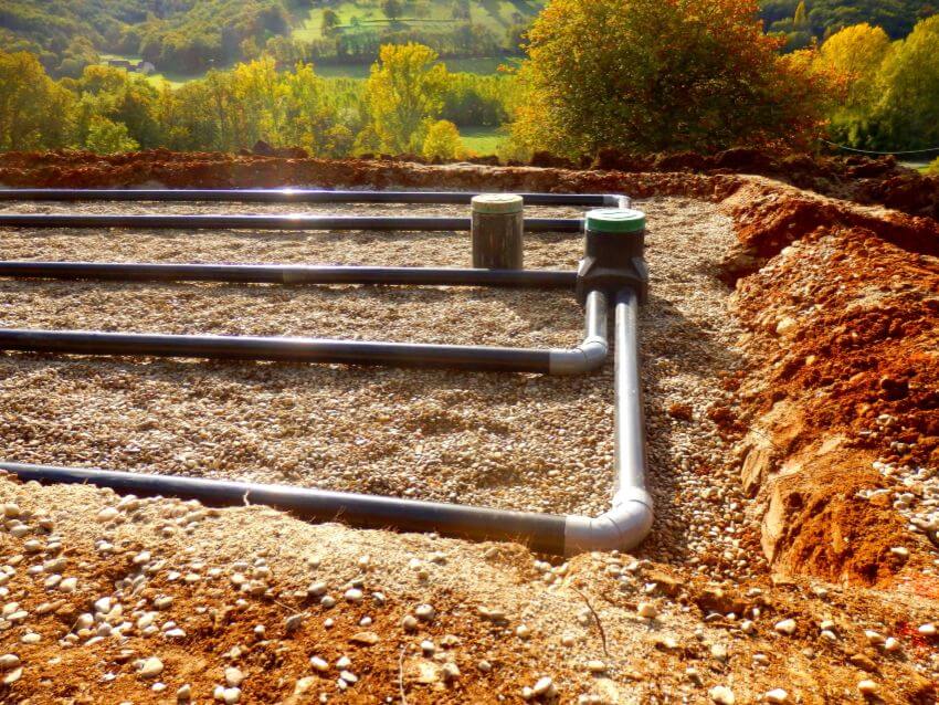 Grid of septic lines in dug-up soil